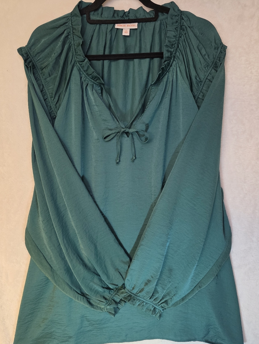 Knox Rose Dark Teal Long Sleeve Peasant Blouse Ruffle Edge Tie-Front Size 4X.
